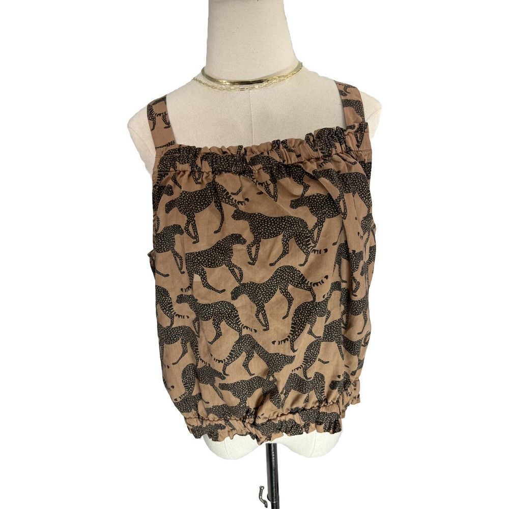 New Jane & Delancey Cat Animal Cheetah Leopard Tan Tank Top Boxy Ruffle Hem‎
